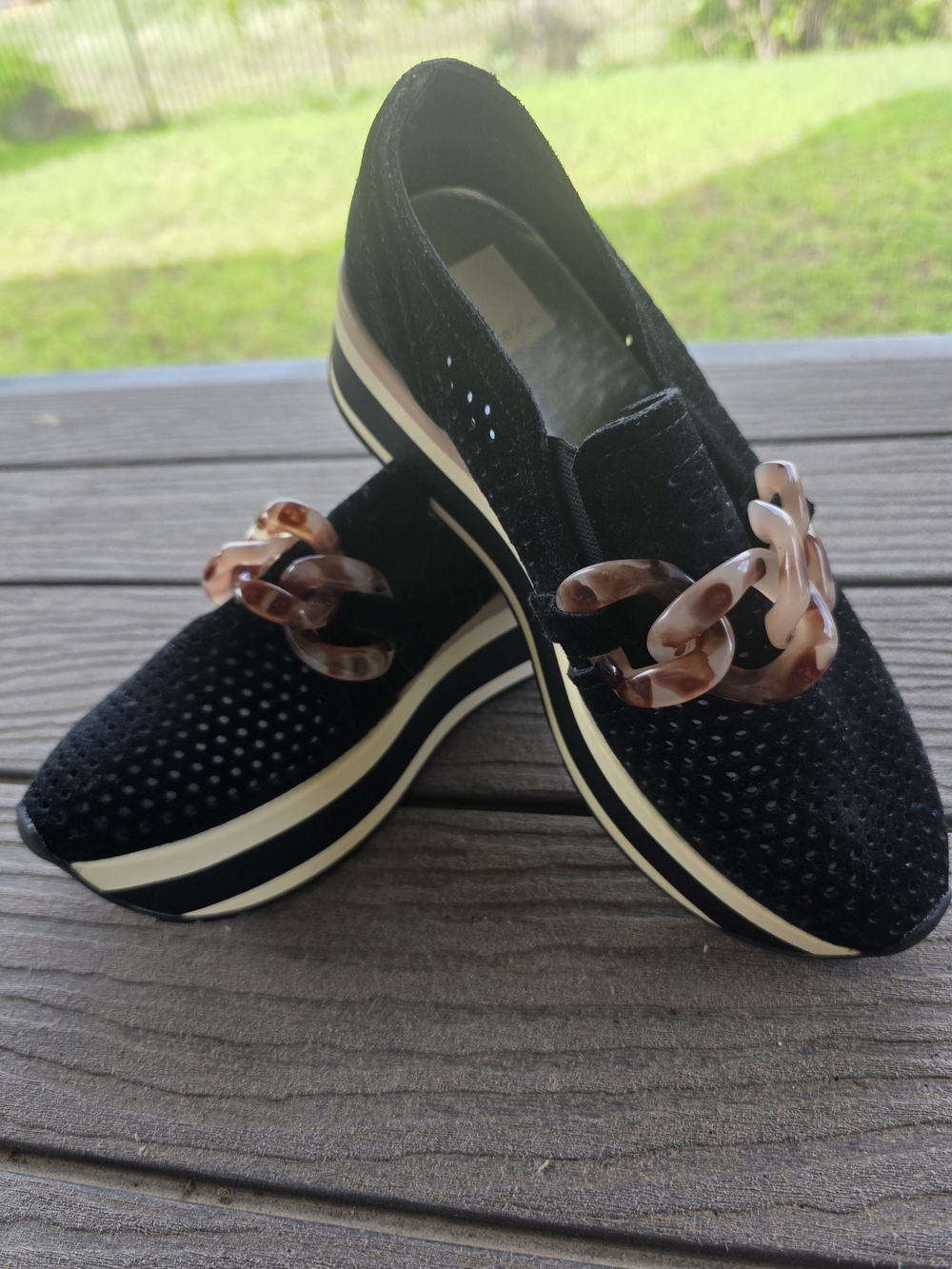 Dolce Vita Black Velvet Platform Slip-On Mules with Tortoiseshell Chain Accent